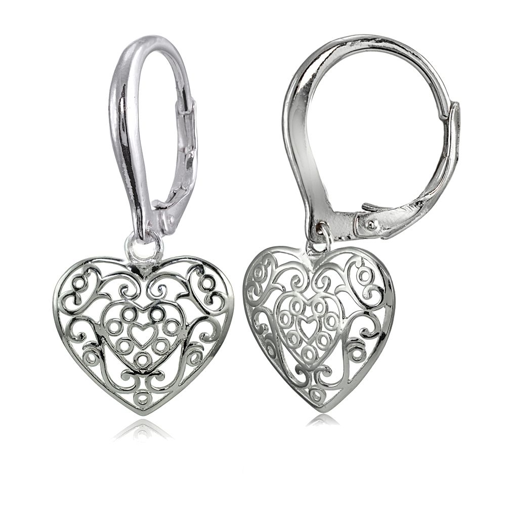 Sterling Silver High Polished Filigree Heart Dangle Leverback Earrings - Grocery