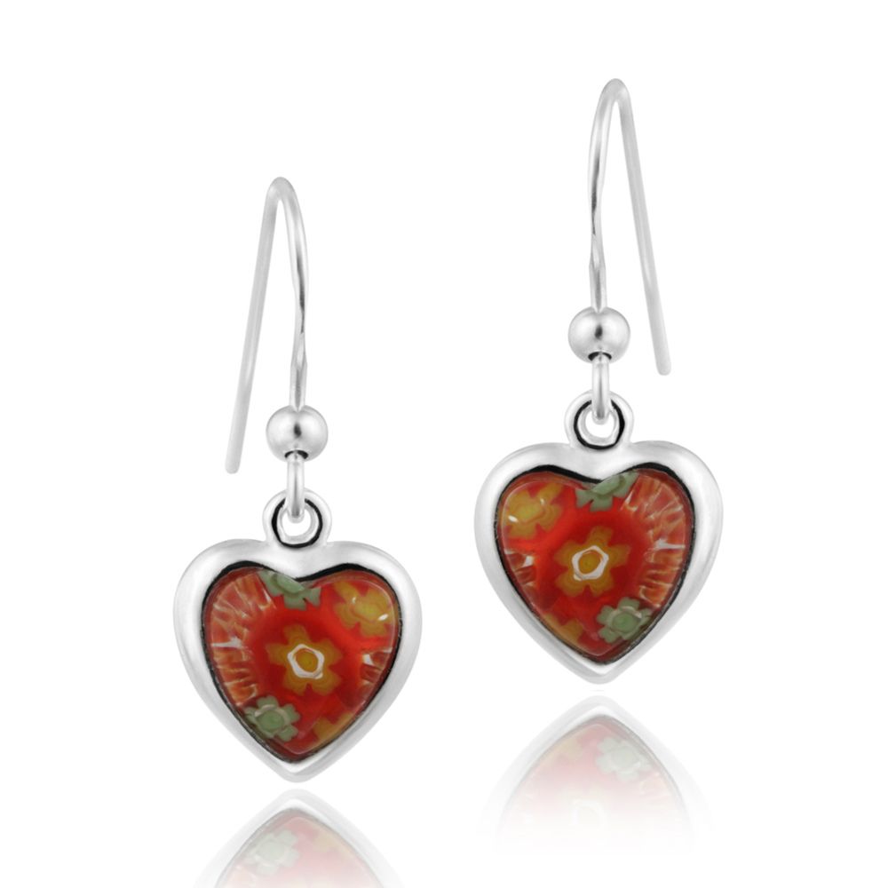 Sterling Silver Red Millefoiri Glass Heart Dangle Earrings - Grocery
