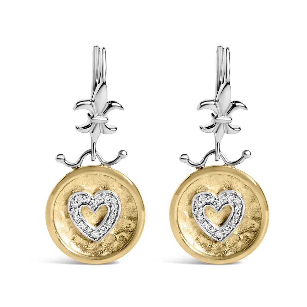 18K Yellow Gold Plated .925 Sterling Silver 1/8 Cttw Diamond Hammered Finished Medallion Heart Drop and Dangle Earrings (I-J Color, SI1-SI2 Clarity) - Grocery