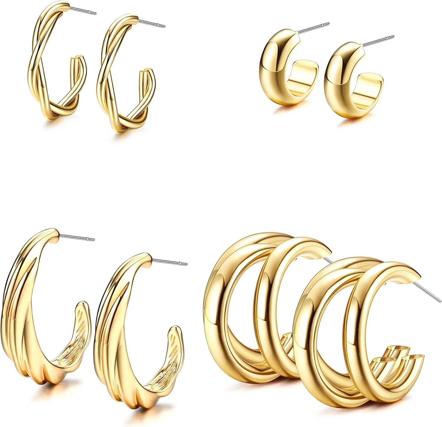 4 Pairs Gold Hoop Earrings for Women 14K Gold Plated Thick Chunky Open Hoops Lightweight Twisted Earring Set - Grocery