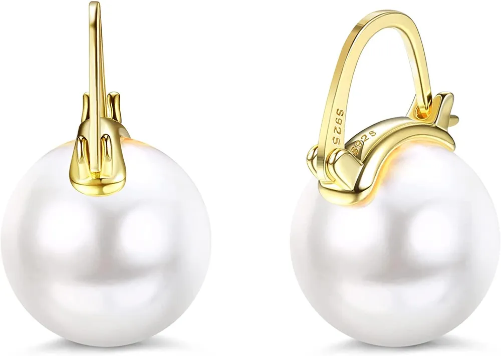 925 Sterling Silver Simulated Pearl Earrings for Women 18K White Gold Plated Large 14MM Shell Pearl Drop Earrings Jewelry for Women - Grocery