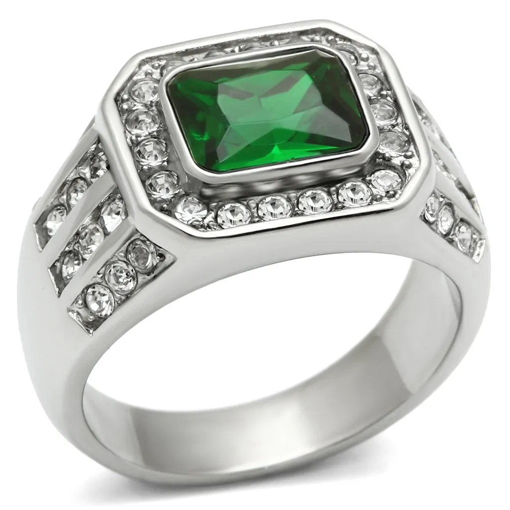 TK495 - High polished (no plating) Stainless Steel Ring with Synthetic Synthetic Glass in Emerald - Grocery
