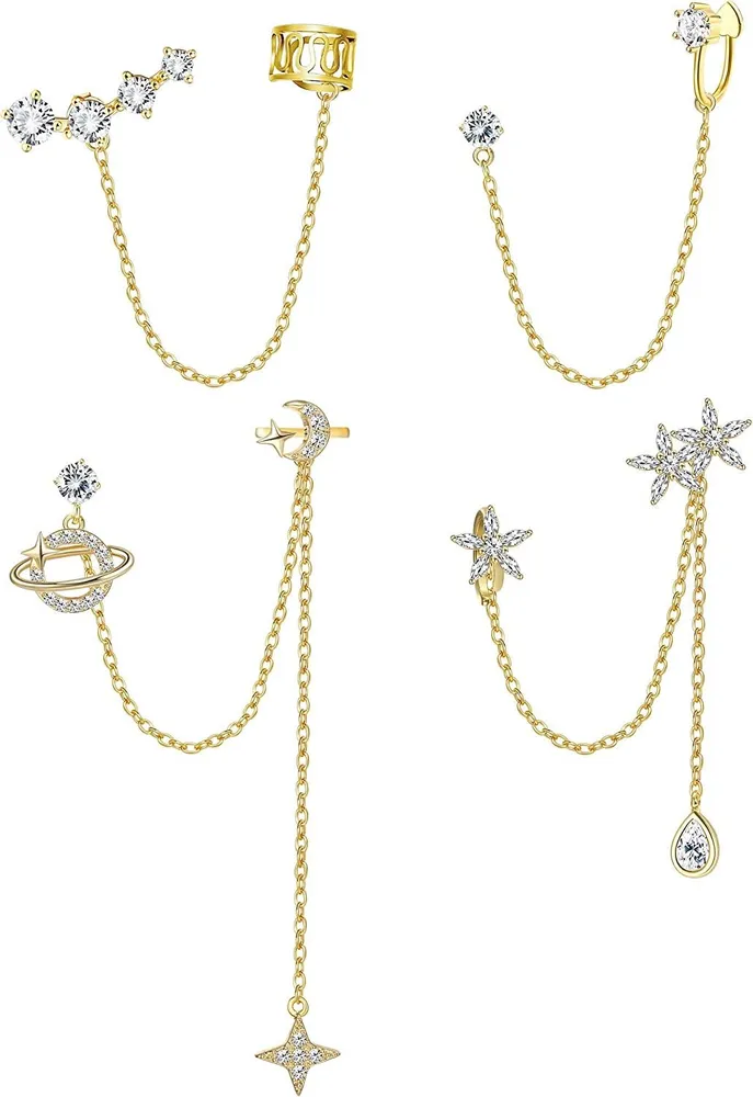 4PCS Cuff Earrings Chain for Women CZ Tassel Ear Cuff Crawler Long Chain Earrings Moon Star Planet Dangling Chain Earrings - Grocery