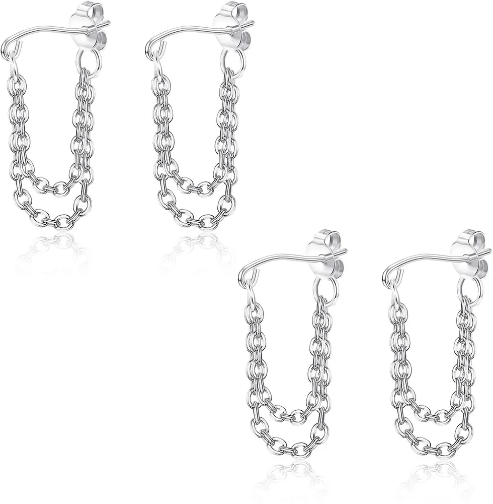 2 Pairs Double Chains Earring; Minimalist Chain Cuff Earrings; Double Chains Cartilage Earring Helix Conch Piercing Jewelry Punk Style - Grocery