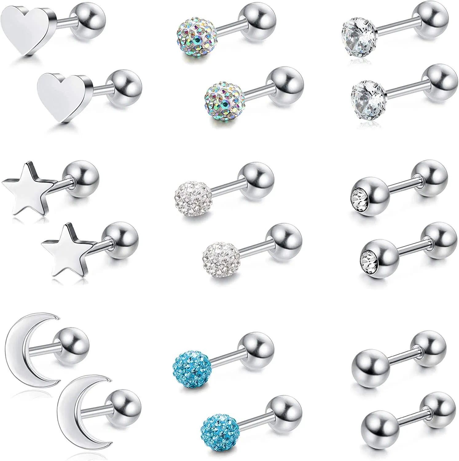 9 Pairs 18 Gauge Stainless Star Moon Heart Ball Cartilage Tragus Earring Stud Piercing Sets for Women Men Hypoallergenic Stud Earrings - Grocery