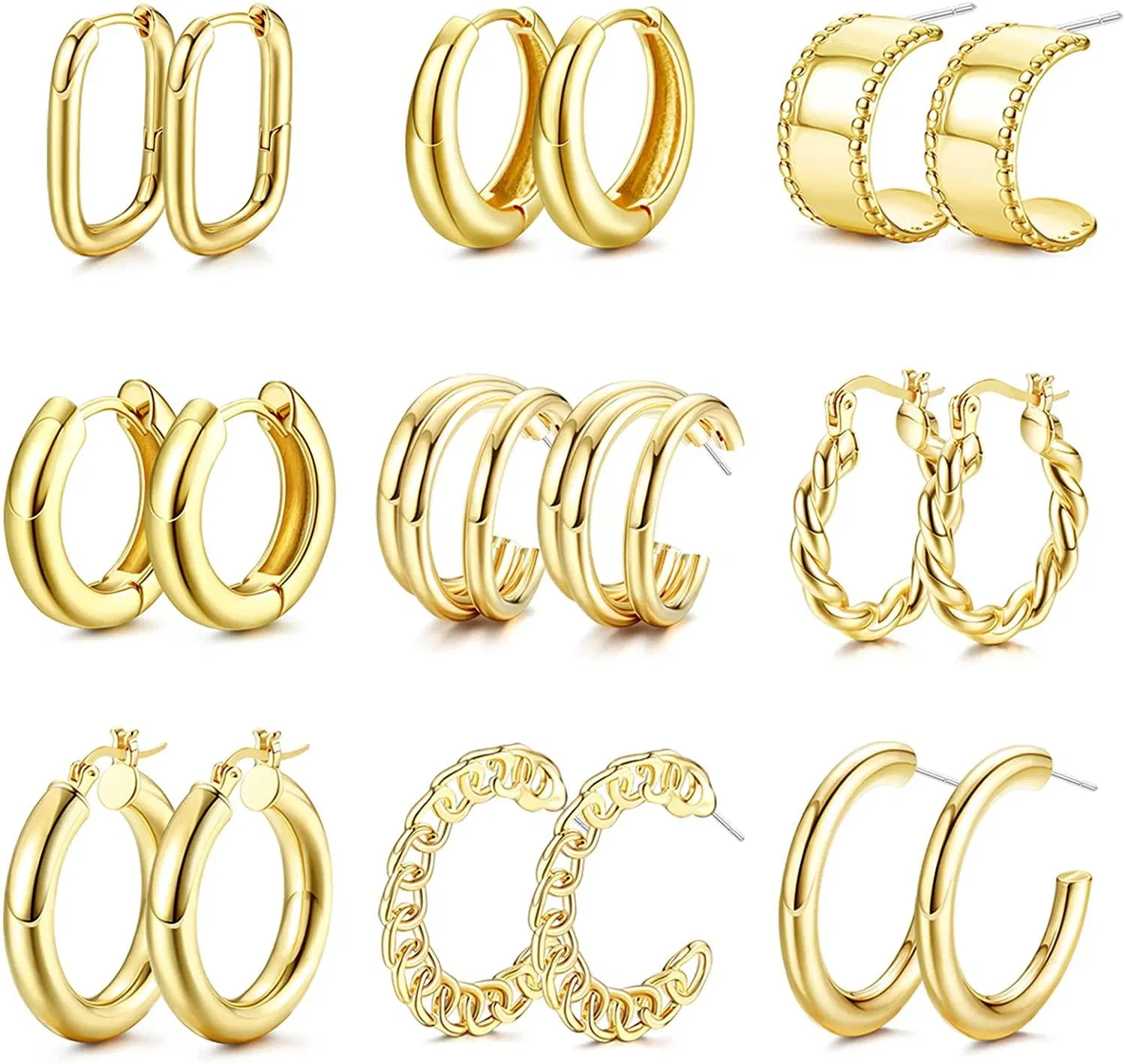 Gold Hoop Earrings For Women 9 Pairs 14K Gold Plated Chunky Hoops Small Huggie Earrings Open Half Twist Triple Hoop Earrings Earring Set - Grocery