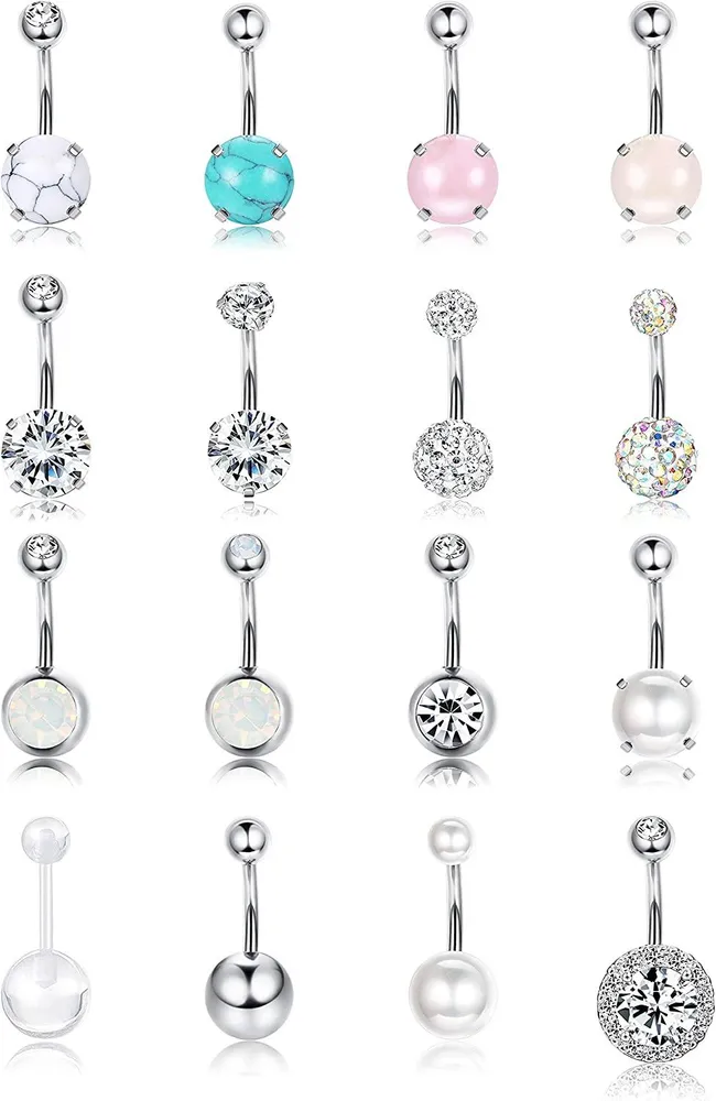 16Pcs Belly Button Rings Surgical Curved Navel Barbell Rings CZ Opal Marble Stone Natutal Mixed Stone Body Piercing Jewelry - Grocery