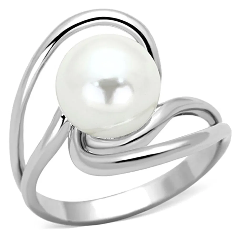 3W512 - Rhodium Brass Ring with Synthetic Pearl in White - Grocery