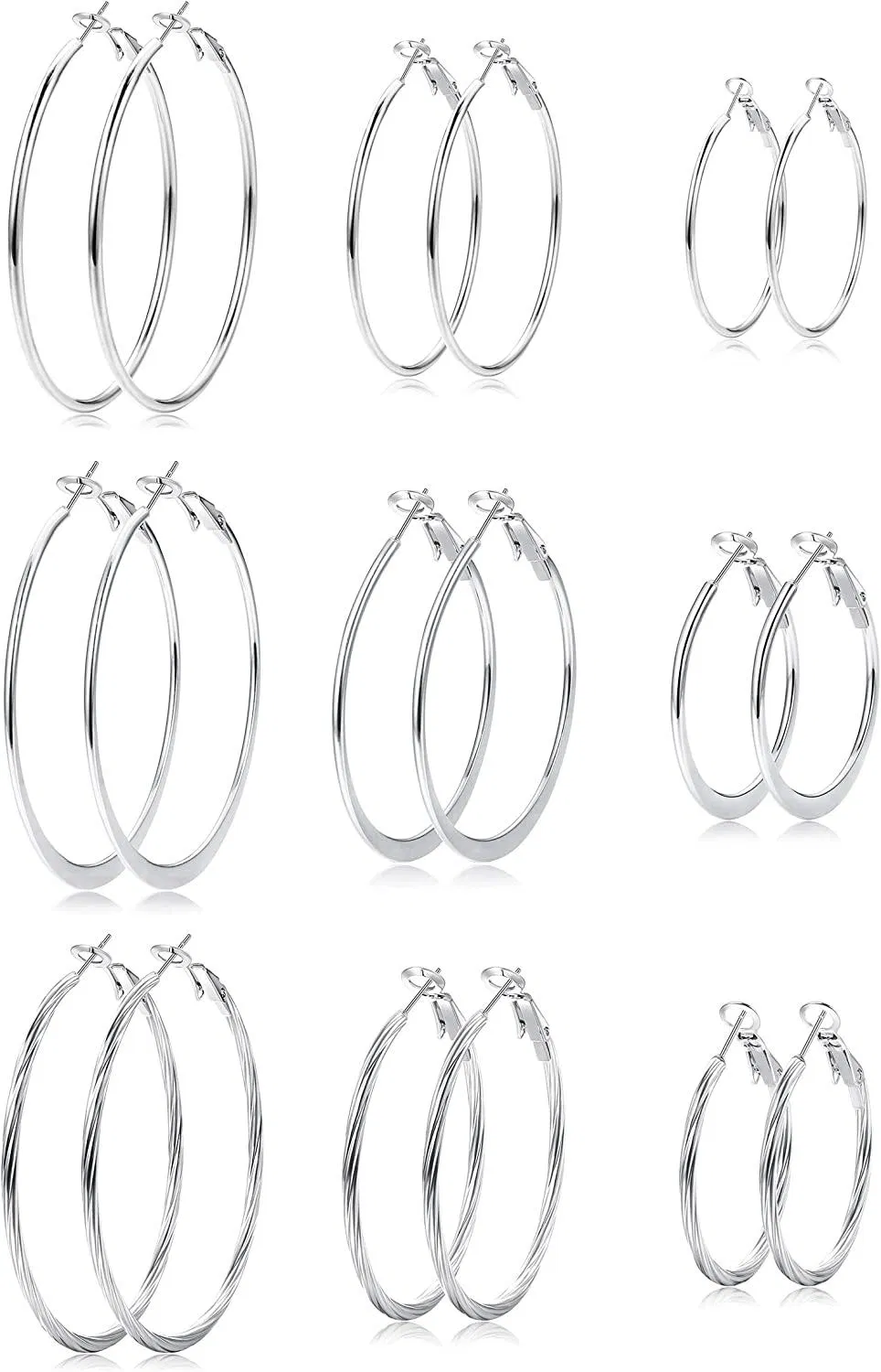 9 Pairs Hoop Earrings for Women Stainles Big Hoop Earrings Set Flattened Twist Hoop Loop earrings 30/40/50MM - Grocery