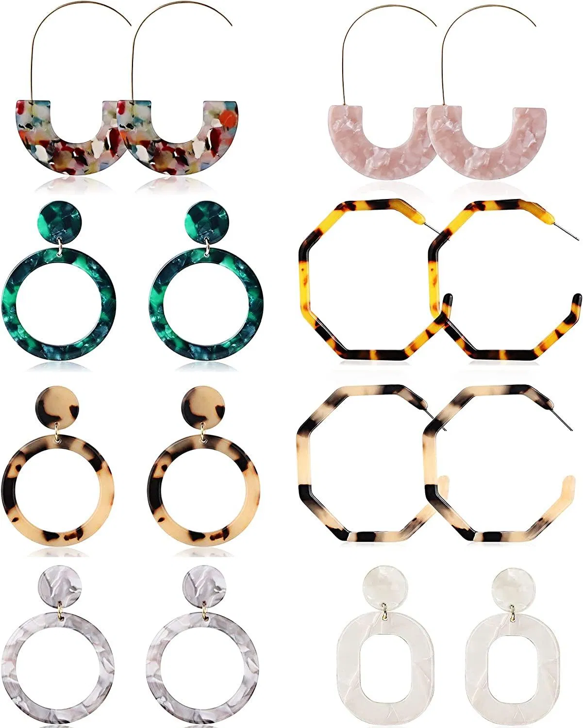 8 Pairs Acrylic Hoop Earrings Bohemian Resin Geometric Hoop Earrings Mottled Statement Drop Dangle Earrings Lightweight for Women Gifts - Grocery