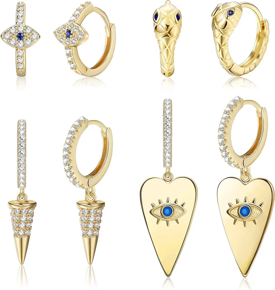 4 Pairs Evil Eye Snake Heart Earrings Geometric Triangle Cone Huggie Hoop Earrings for Women Cubic Zirconia Dainty Dangle Hoop Earrings Gifts for Her - Grocery