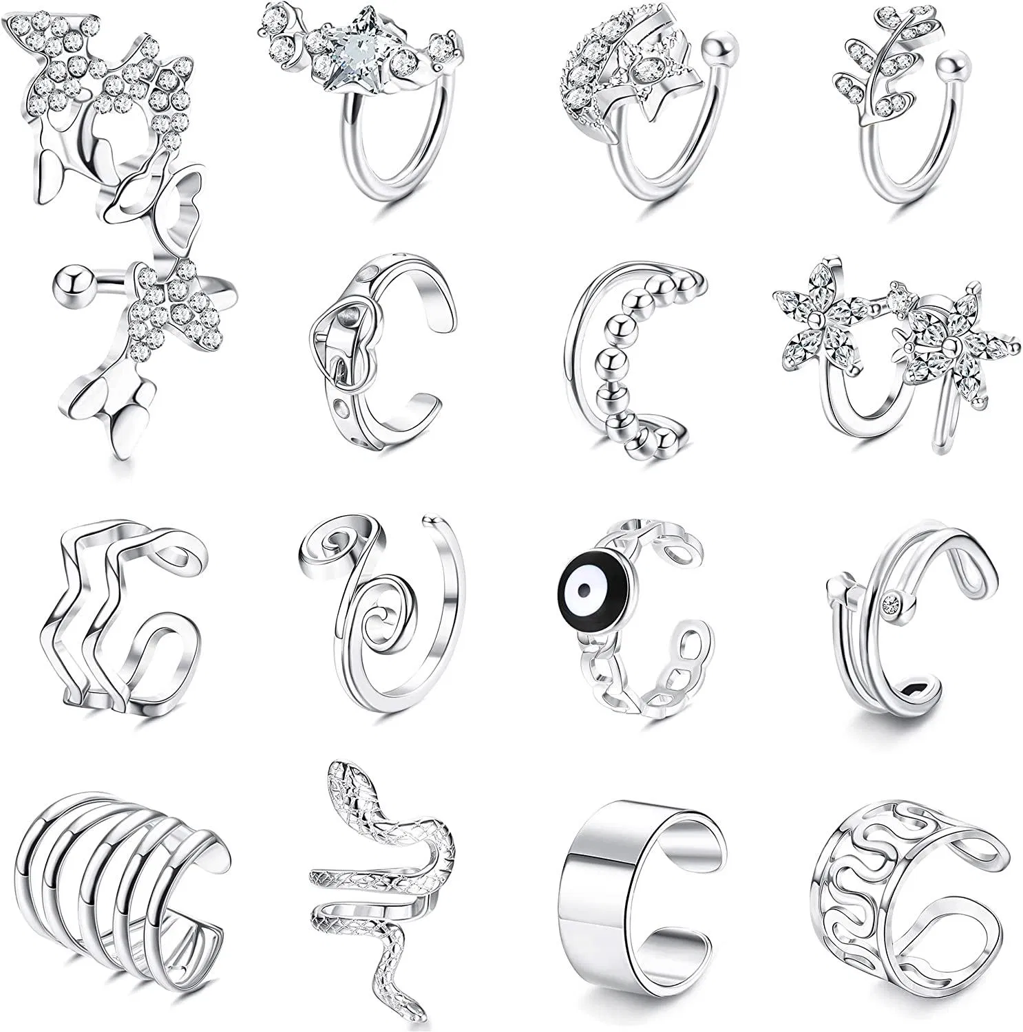 15Pcs Ear Cuffs Earrings Set for Women CZ Zirconia Non-Piercing Helix Cartilage Cuff Earrings Adjustable Wrap Earring Set Conch Cuffs Earrings for Women - Grocery