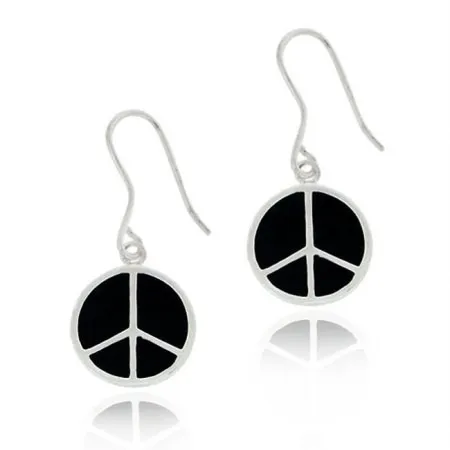 Sterling Silver Black Enamel Peace Sign Dangle Earrings - Grocery