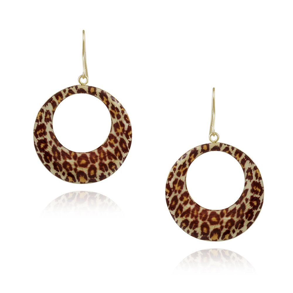 Gold Tone Enamel Leopard Print Circle Dangle Earrings - Grocery