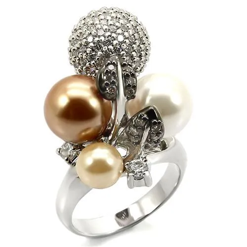 0W296 - Rhodium + Ruthenium Brass Ring with Synthetic Pearl in Multi Color - Grocery