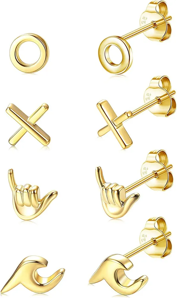 6 Pairs 18K Gold Plated Sterling Silver Stud Earrings Set for Women Hypoallergenic Stud Earrings Cute Hand XO Minimalist Cartilage Earrings - Grocery