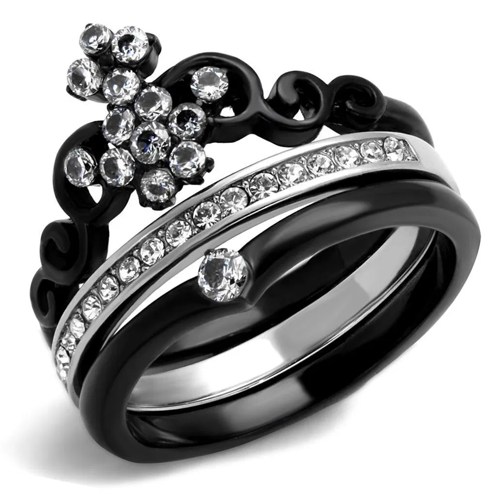 TK2187 - Two-Tone IP Black Stainless Steel Ring with AAA Grade CZ in Clear - Grocery