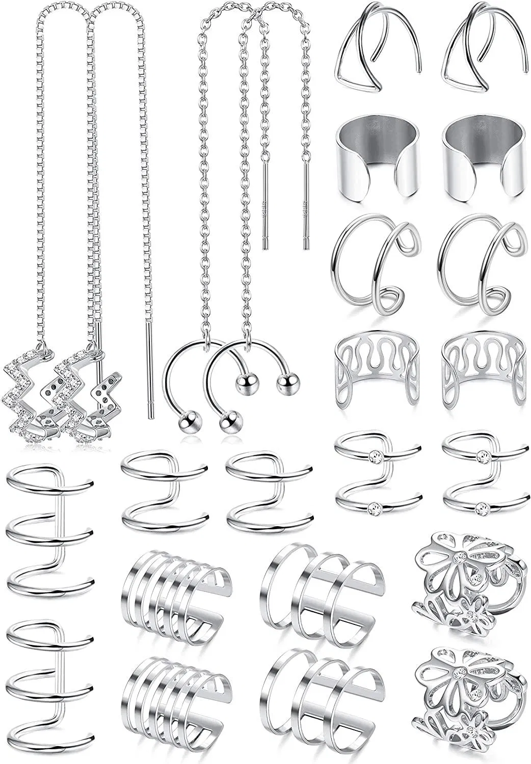 12 Pairs Wave Cuff Chain Earrings Helix Cartilage Clip On Wrap Earrings Stainless Steel Non Piercing Earrings Set - Grocery