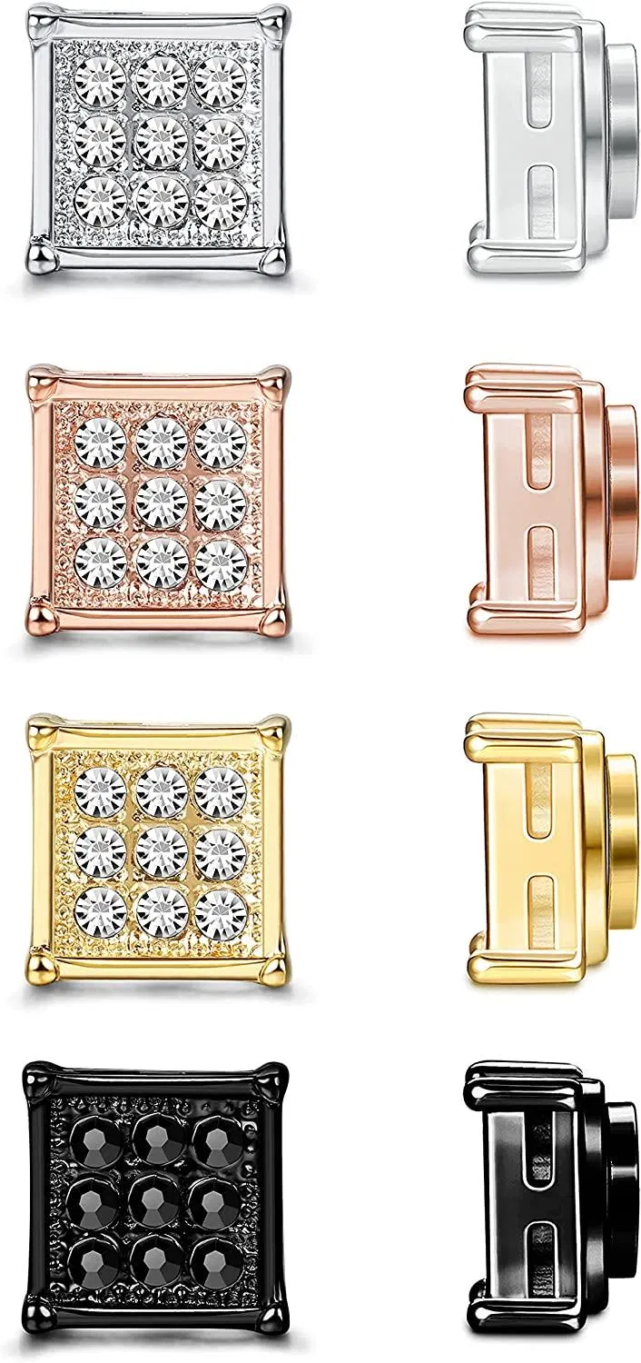 4 Pairs Square Cz Magnetic Stud Earrings for Men Women Stainless Clip Non-piercing Earrings Set Unisex - Grocery