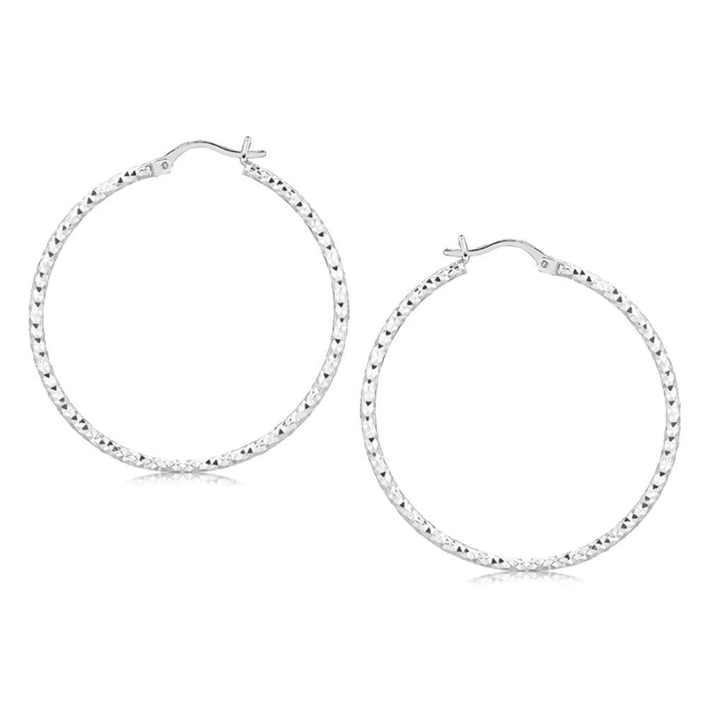 Sterling Silver Rhodium Plated Large Faceted Style Hoop Earrings(2x40mm) - Grocery