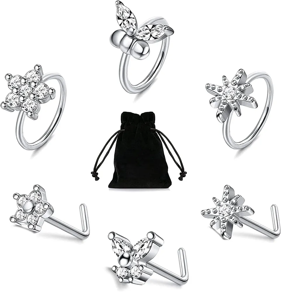 6Pcs 20g Butterfly Nose Rings Hoop for Women Men 316L Stainless L Shaped Nose Ring Clear CZ Flower Star Ear Nose Piercing Jewelry - Grocery