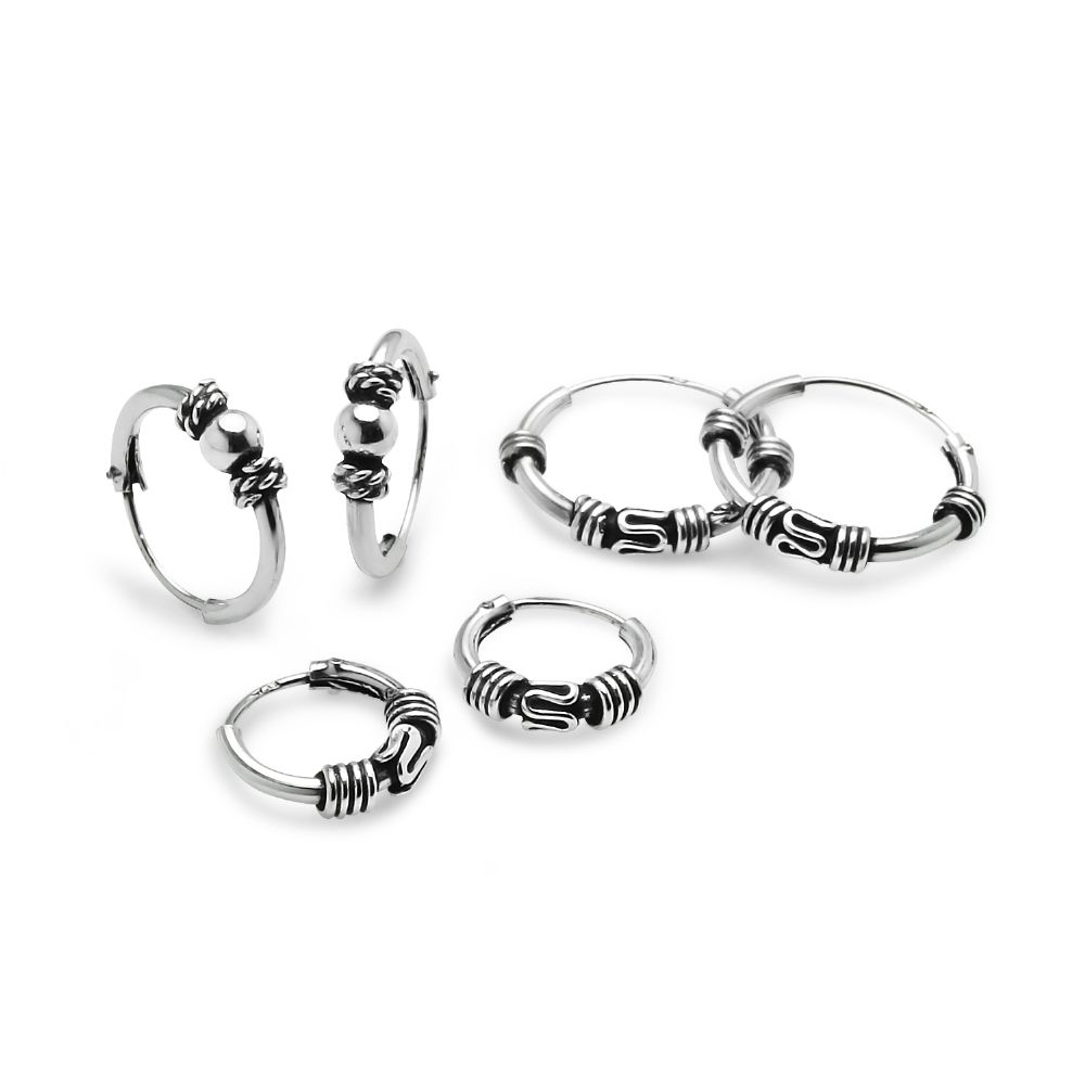 Sterling Silver Set of Three 10mm, 12mm & 14mm Bali Bead and Bali Endless Hoop Earrings - Grocery