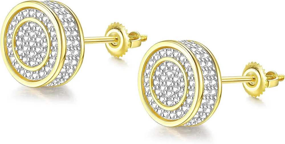 14K Gold Plated 925 Sterling Post Cubic Zirconia Round Stud Earring Iced out CZ Hypoallergenic Screw Back Stud Earrings Hip Hop for Men Women - Grocery
