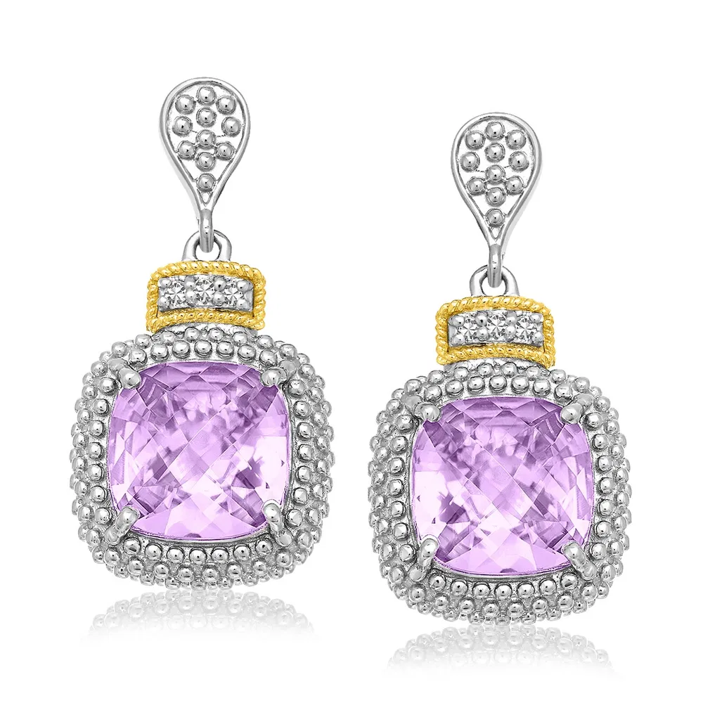 18k Yellow Gold & Sterling Silver Cushion Amethyst & Diamond Earrings (.05cttw) - Grocery