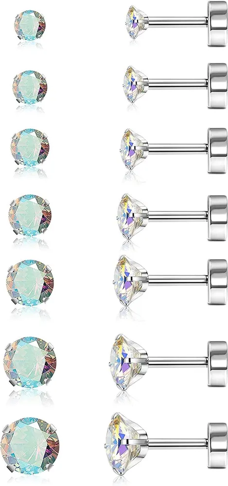 7 Pairs Tiny Stainless Cubic Zirconia Ear Stud Tragus Stud Earrings Set for Women Men Flat Back Screw Back 20G Ear Piercing Set 2mm-8mm - Grocery