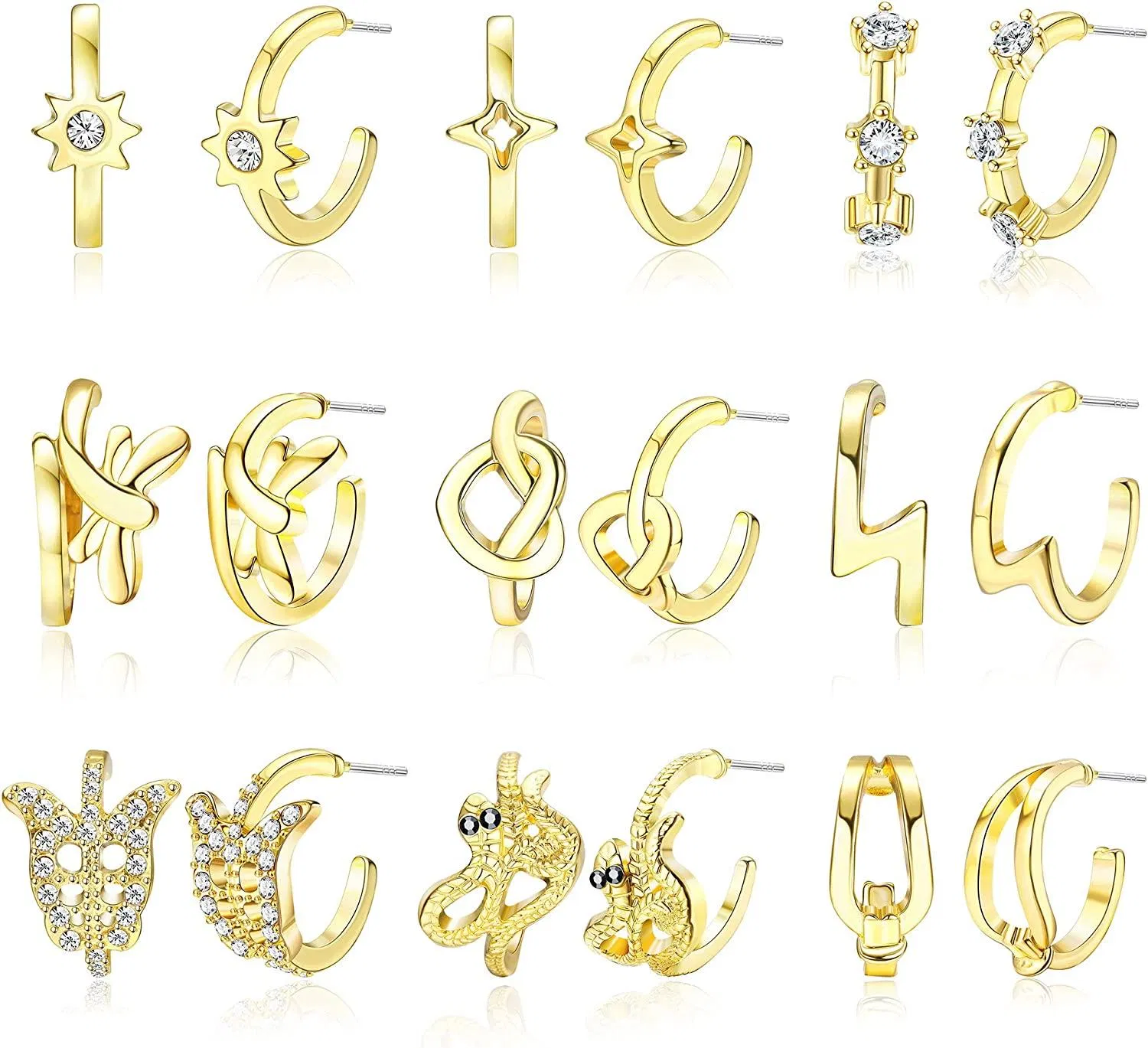 9 Pairs Gold Plated Chunky Open Hoop Earrings for Women Butterfly Snake Knot Sun Star Thick Earring Hoops Set - Grocery
