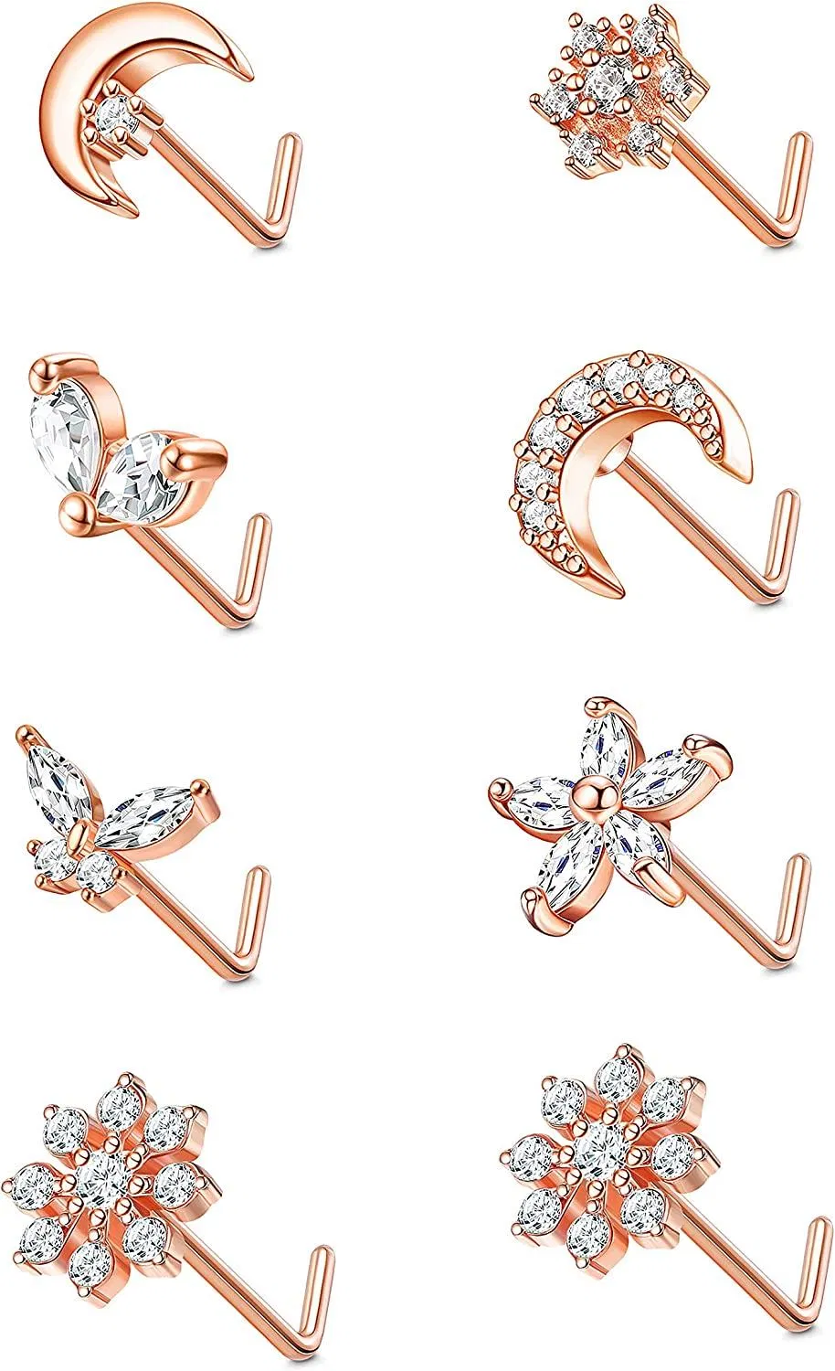 8 Pcs 20G Nose Studs for Women 316L Stainless L Shaped Nose Rings Stud CZ Butterfly Flower Snowflake Moon Nose Ring Body Piercing for Men - Grocery