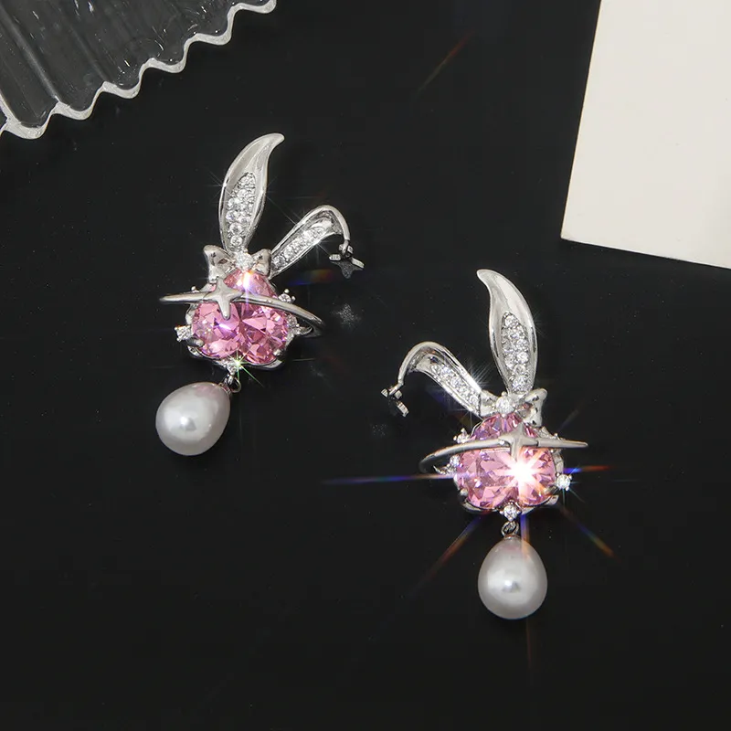 Micro Inlaid Powder Zirconium Rabbit Earrings Women's Light Luxury - Grocery