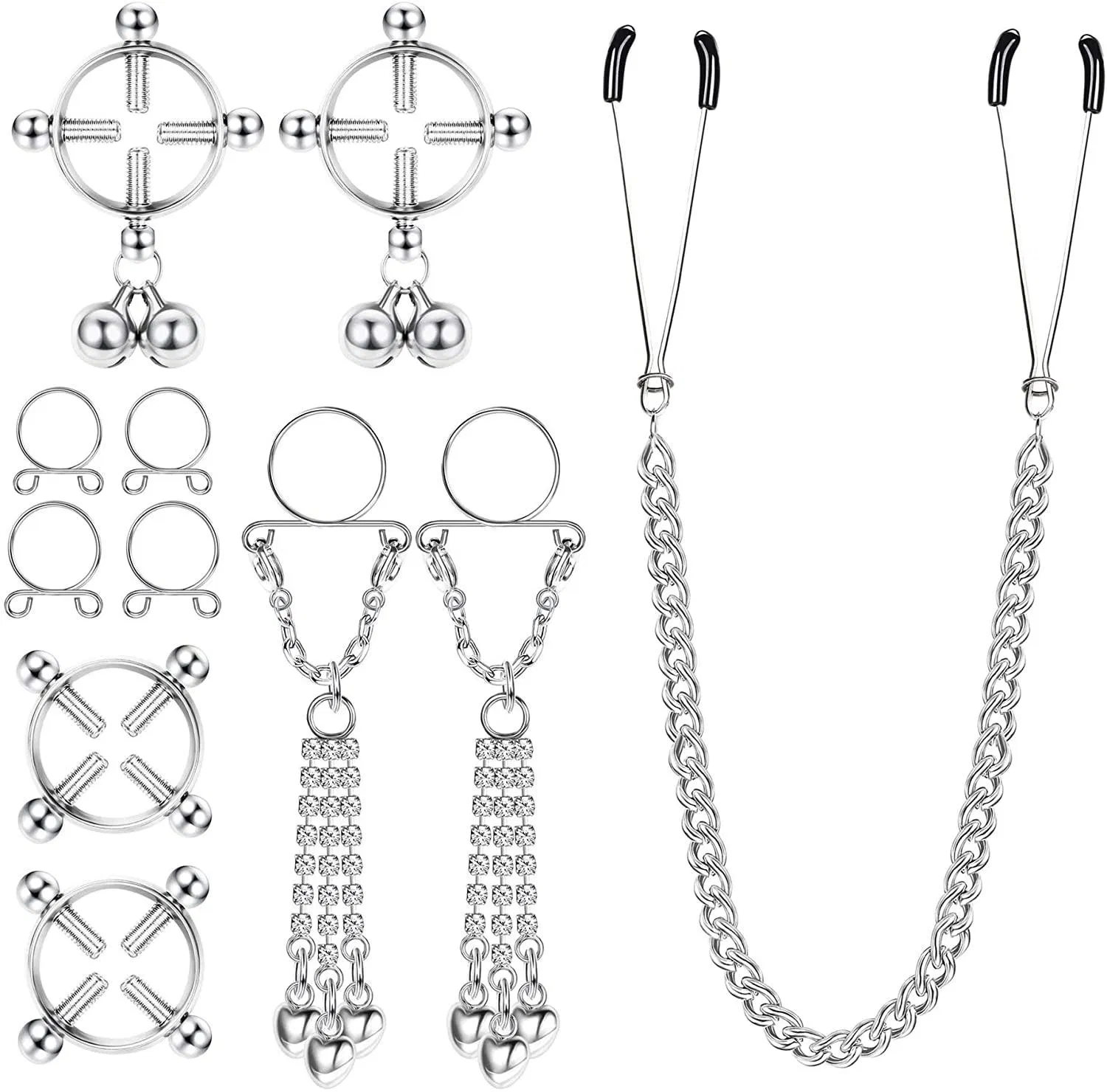 7 Pcs Fake Nipple Rings for Women Non-Piercing Nipplerings Clip On Nipple Rings Stainless Steel Faux Dangle Nipple Body Piercing Jewelry - Grocery