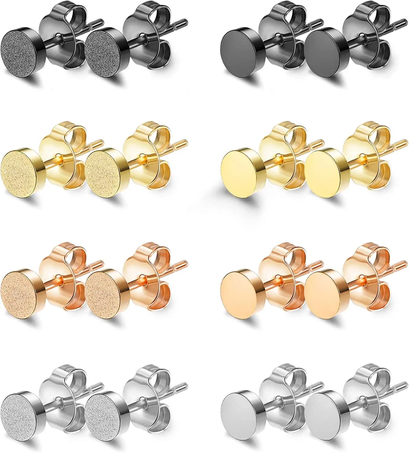 8 Pairs Round Plat Stud Earring Stainless for Women Men Rose 4 MM - Grocery