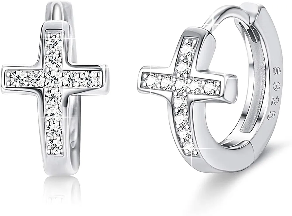 Sterling Silver Small Cross Hoop Earrings Cubic Zirconia Huggie Earrings for Women Men Dainty Cross Earrings Silver Gold Tone - Grocery