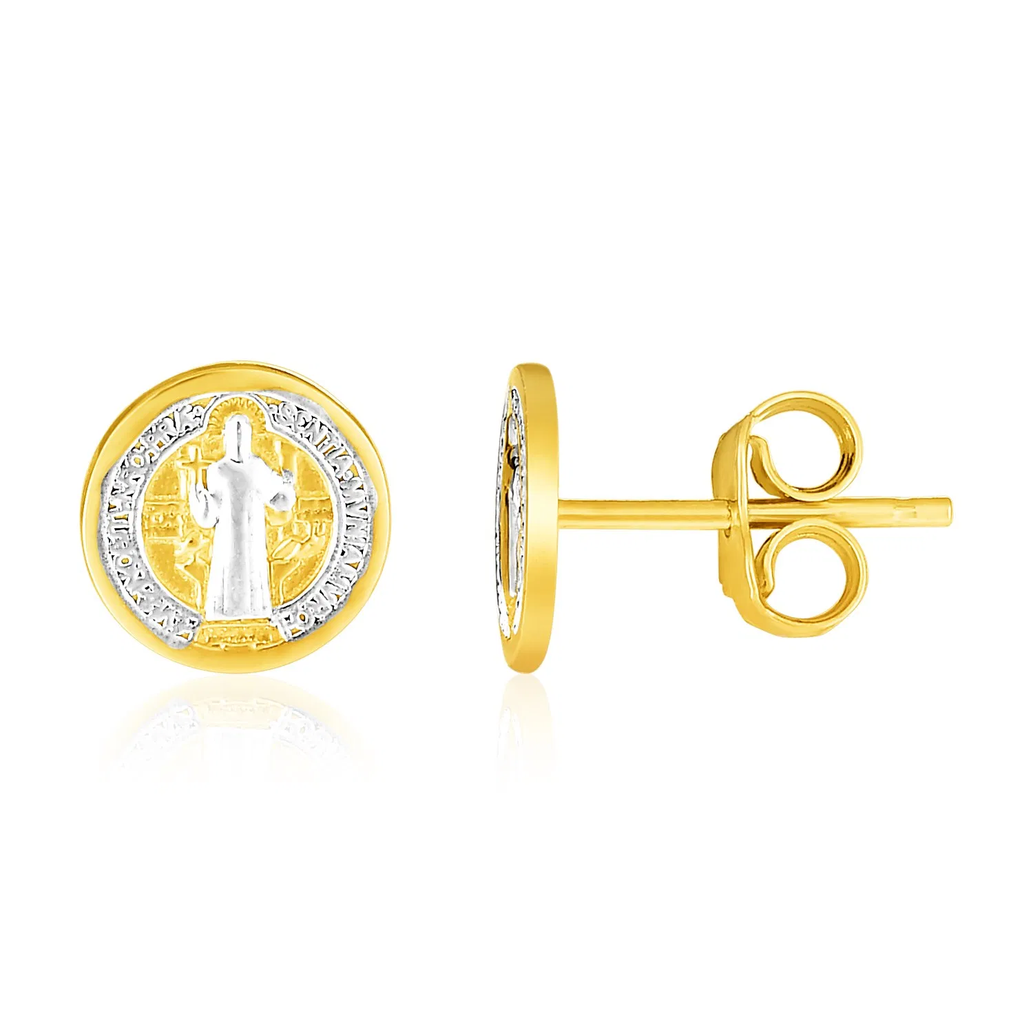 14k Two Tone Gold Round Religious Medallion Post Earrings(8mm) - Grocery