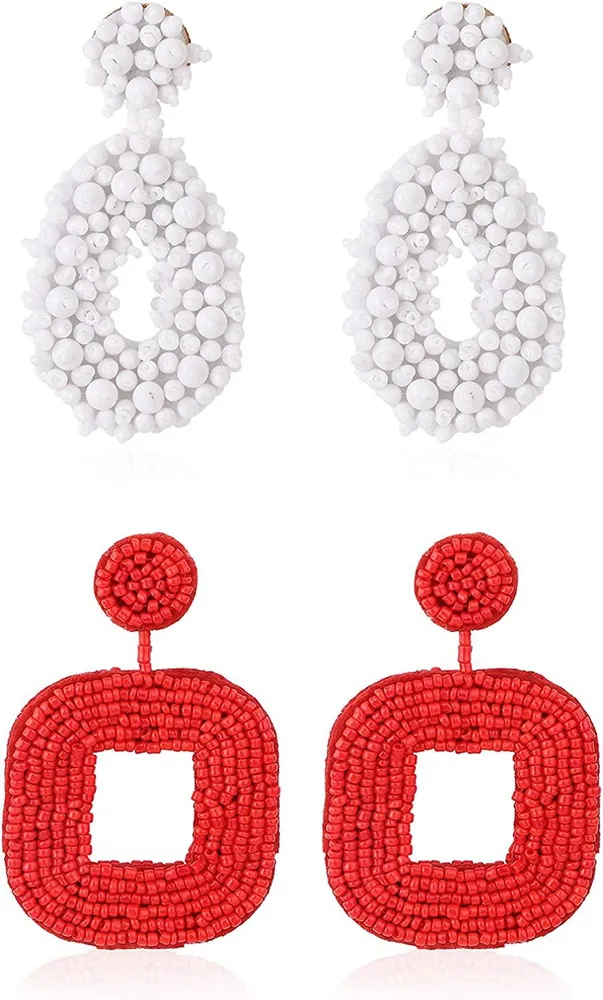 2Pairs Beaded Drop Earrings for Women Handmade Bohemian Statement Earrings - Grocery