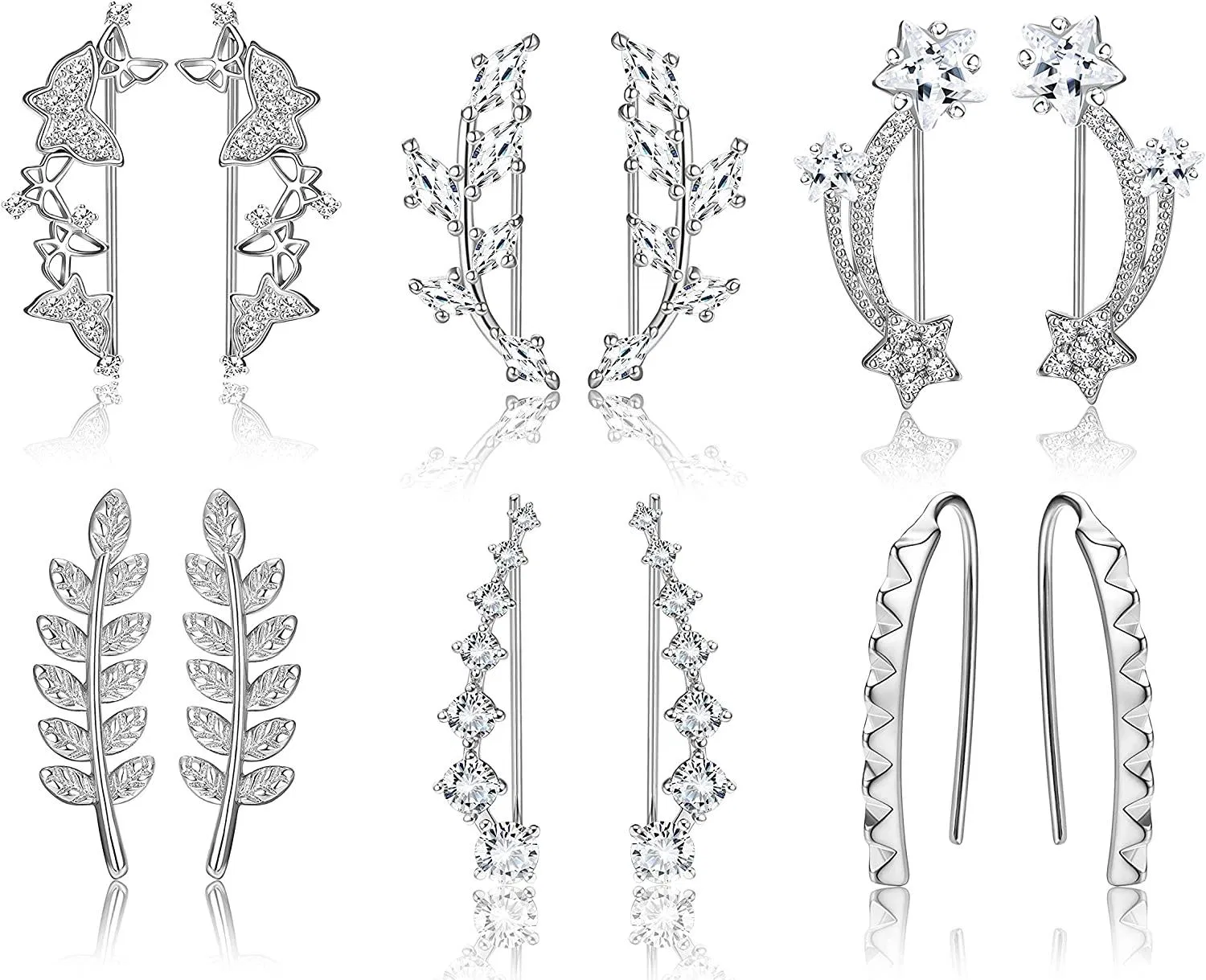6Pairs Ear Cuffs Climber Hoop Earring for Women Ear Climber Earrings Crawler Stud Earring CZ Leaf Star Bar 3D Butterfly Wrap Earring Set - Grocery