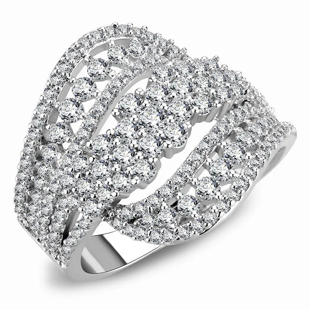3W1445 - Rhodium Brass Ring with AAA Grade CZ in Clear - Grocery