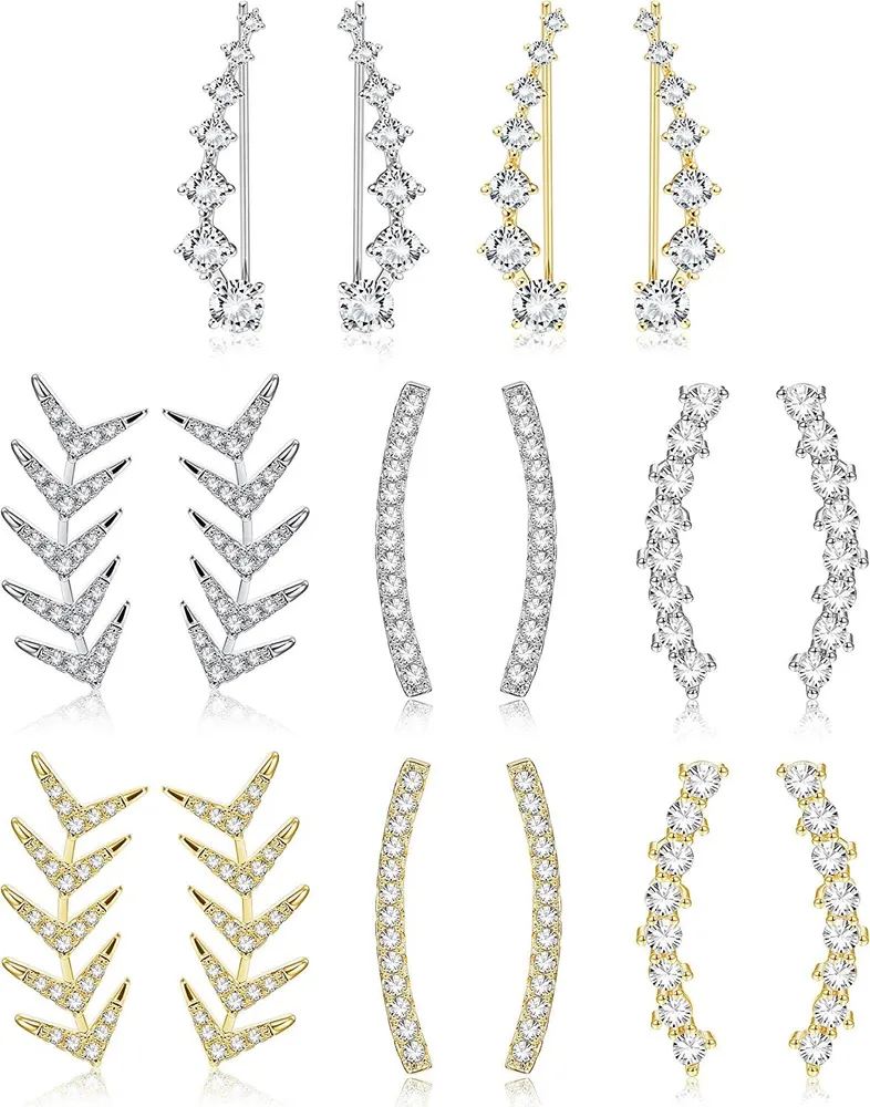 8Pairs Ear Cuffs Hoop Climber Earring for Women CZ Arrow Crawler Stud Earring Jacket for Women - Grocery