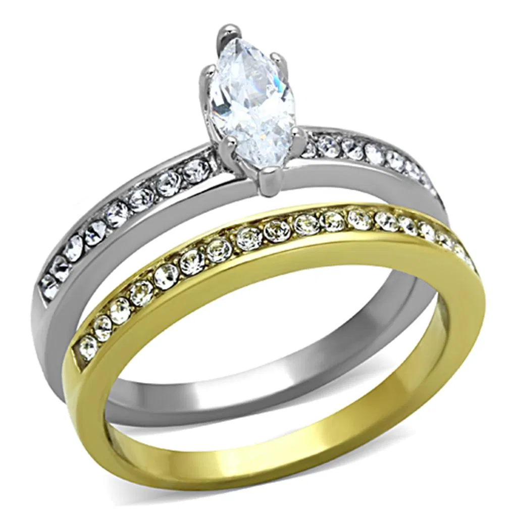 TK1282 - Two-Tone IP Gold (Ion Plating) Stainless Steel Ring with AAA Grade CZ in Clear - Grocery