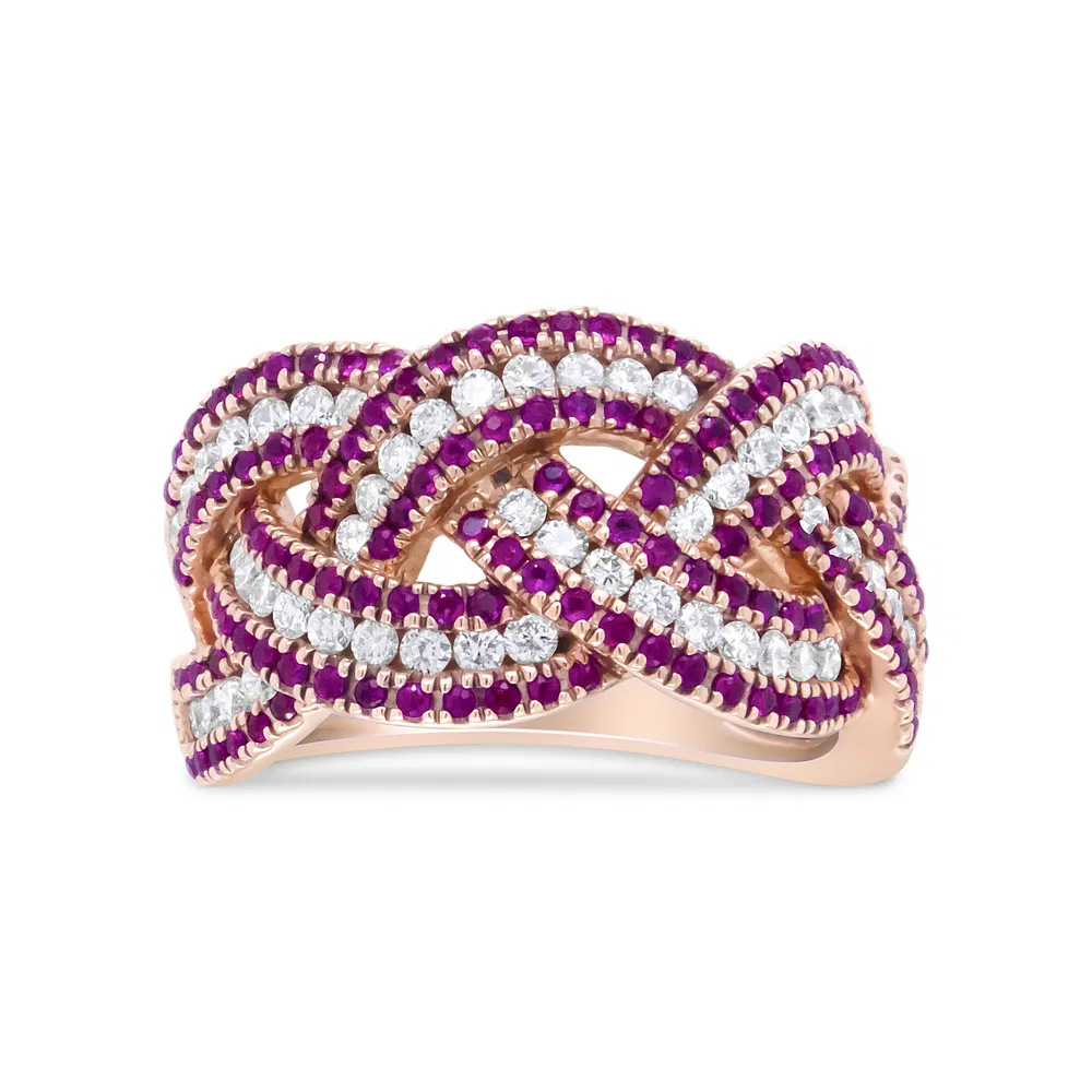 18K Rose Gold Red Ruby and 7/8 Cttw Diamond Woven Braided Band Ring (F-G Color, VS1-VS2 Clarity) - Ring Size 7 - Grocery