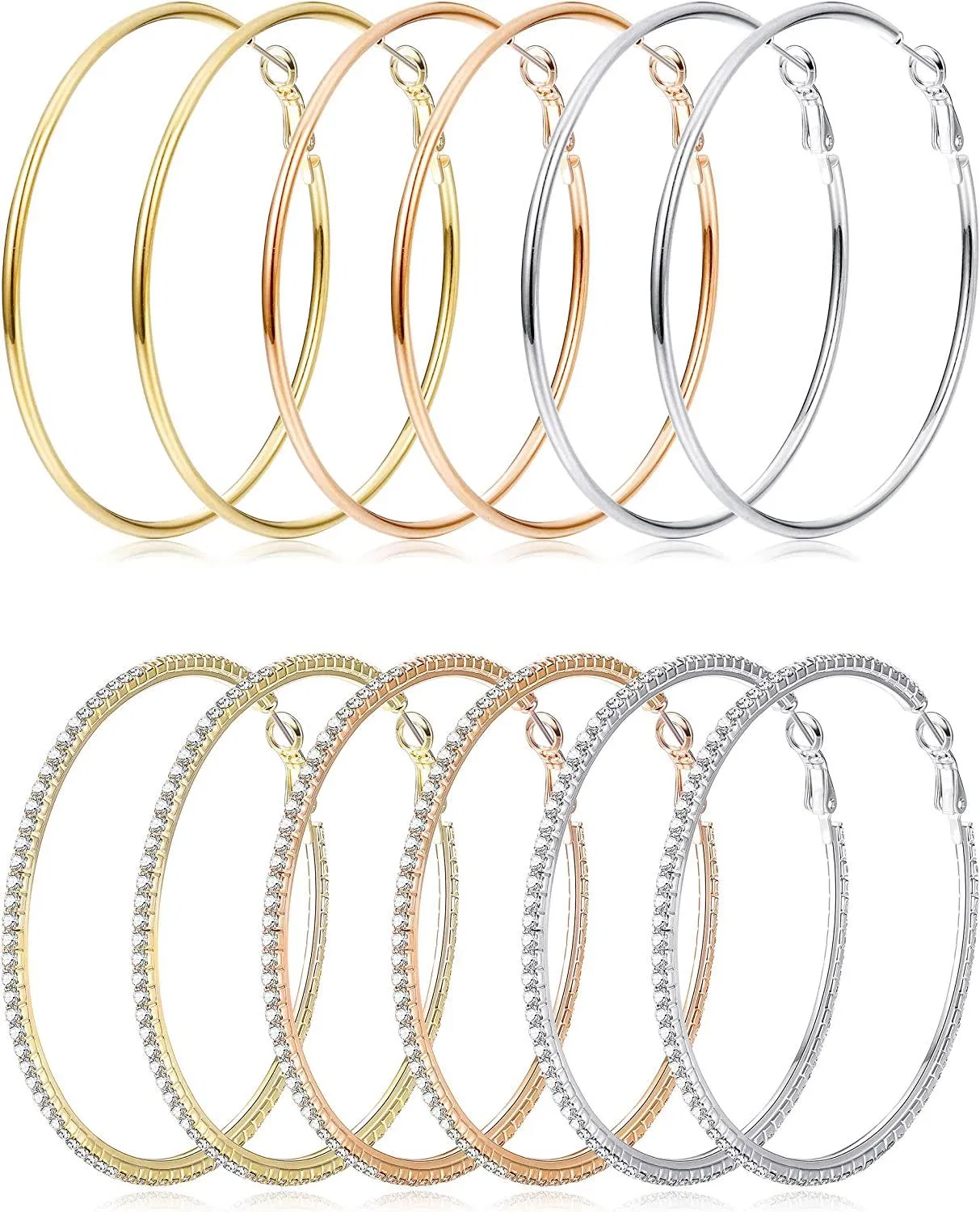 6 Pairs Big Hoop Earrings Gold Plated Cubic Zirconia Hypoallergenic Dangle Hoops for Women 50MM - Grocery