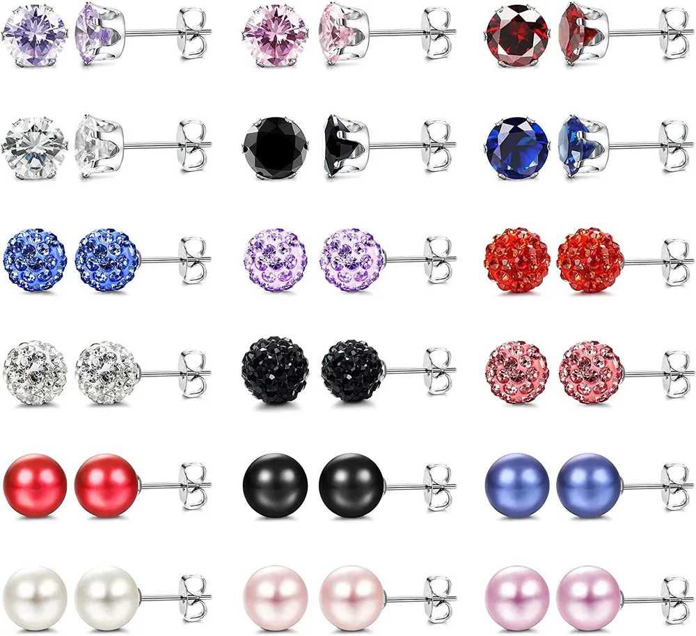 18 Pairs Stainless Steel Brilliant Cut Round Cubic Zirconia Stud Earrings Faux Pearl Stainless Steel Stud Earrings for Women Jewelry Gift - Grocery