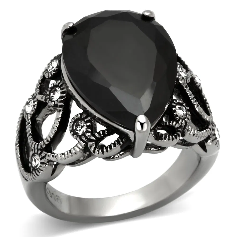 TK1017 - High polished (no plating) Stainless Steel Ring with AAA Grade CZ in Jet - Grocery
