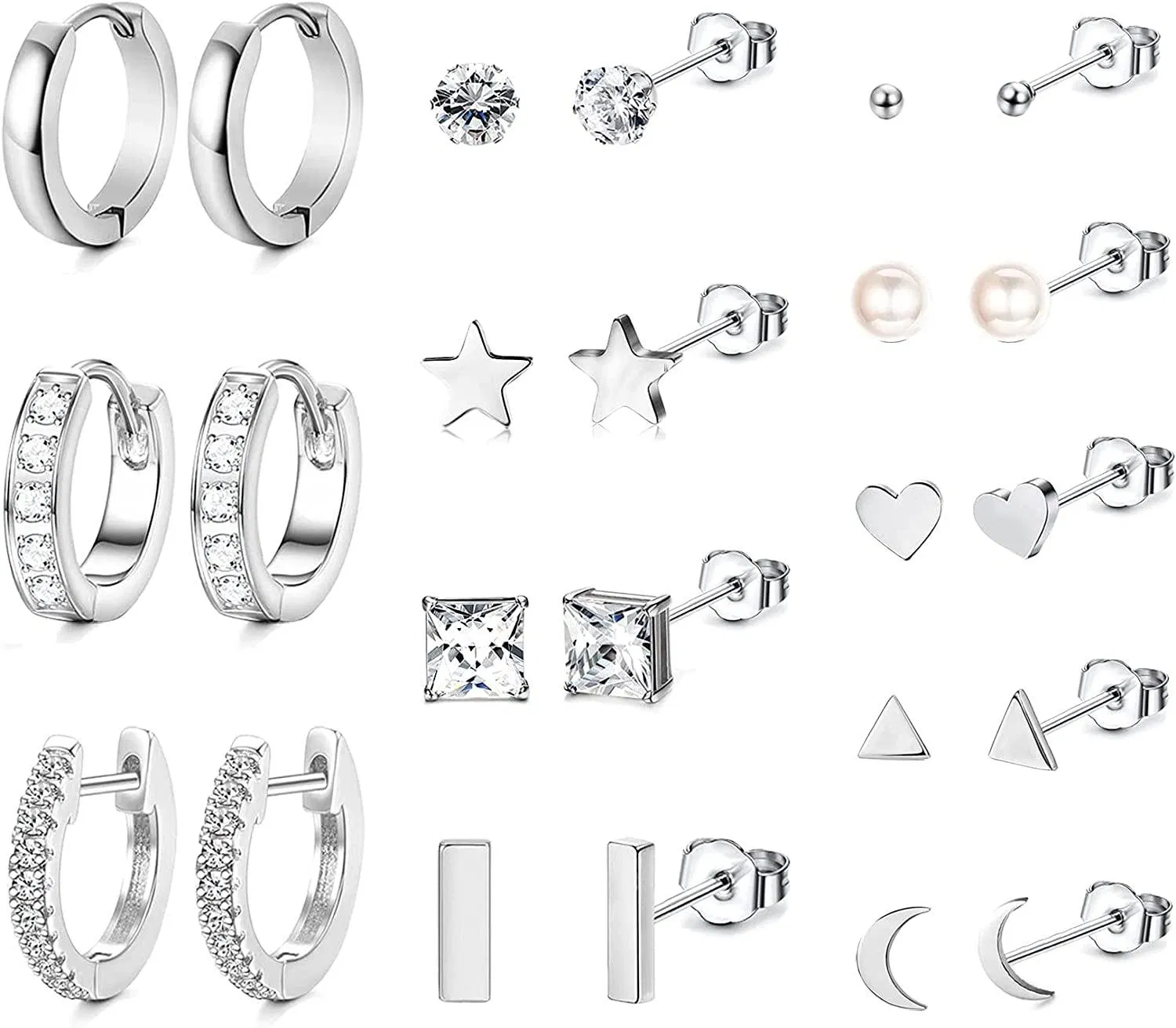 12 Pairs Stainless Stud Earrings for Men Women Mini Hoop Earrings Cute Star Moon Heart Bar CZ Cuff Hoop Huggie Cartilage Earring Piercing Set - Grocery