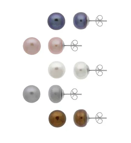 Sterling Silver 9-10mm Freshwater Cultured Pink, White, Grey, Brown & Peacock Stud Earring Set - Grocery