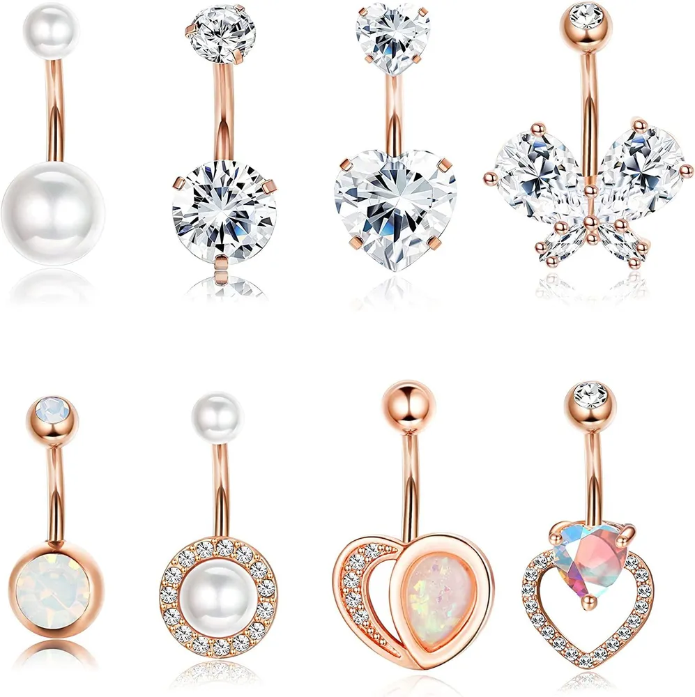 8Pcs Belly Button Ring 316L Stainless Belly Rings CZ Opal Pearl for Women Butterfly Heart Navel Piercing Jewelry14G - Grocery
