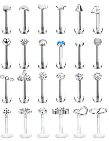 24Pcs 16G Lip Rings Stainless Steel Labret Studs Monroe Lip Ring Helix Tragus Earring Stud Rings Cz Cartilage Tragus Medusa Piercing Jewelry 8MM - Grocery