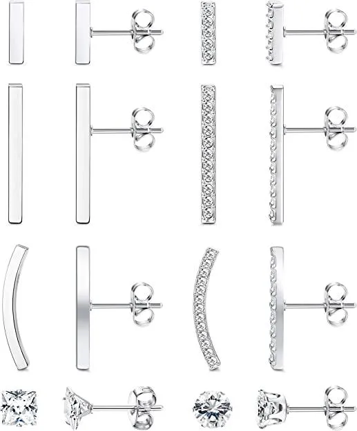 8 Pairs Dainty Bar Stud Earrings for Women CZ Minimalist Cartilage Bar Earrings Stainless Mini Stick Ear Climber Earrings Set - Grocery